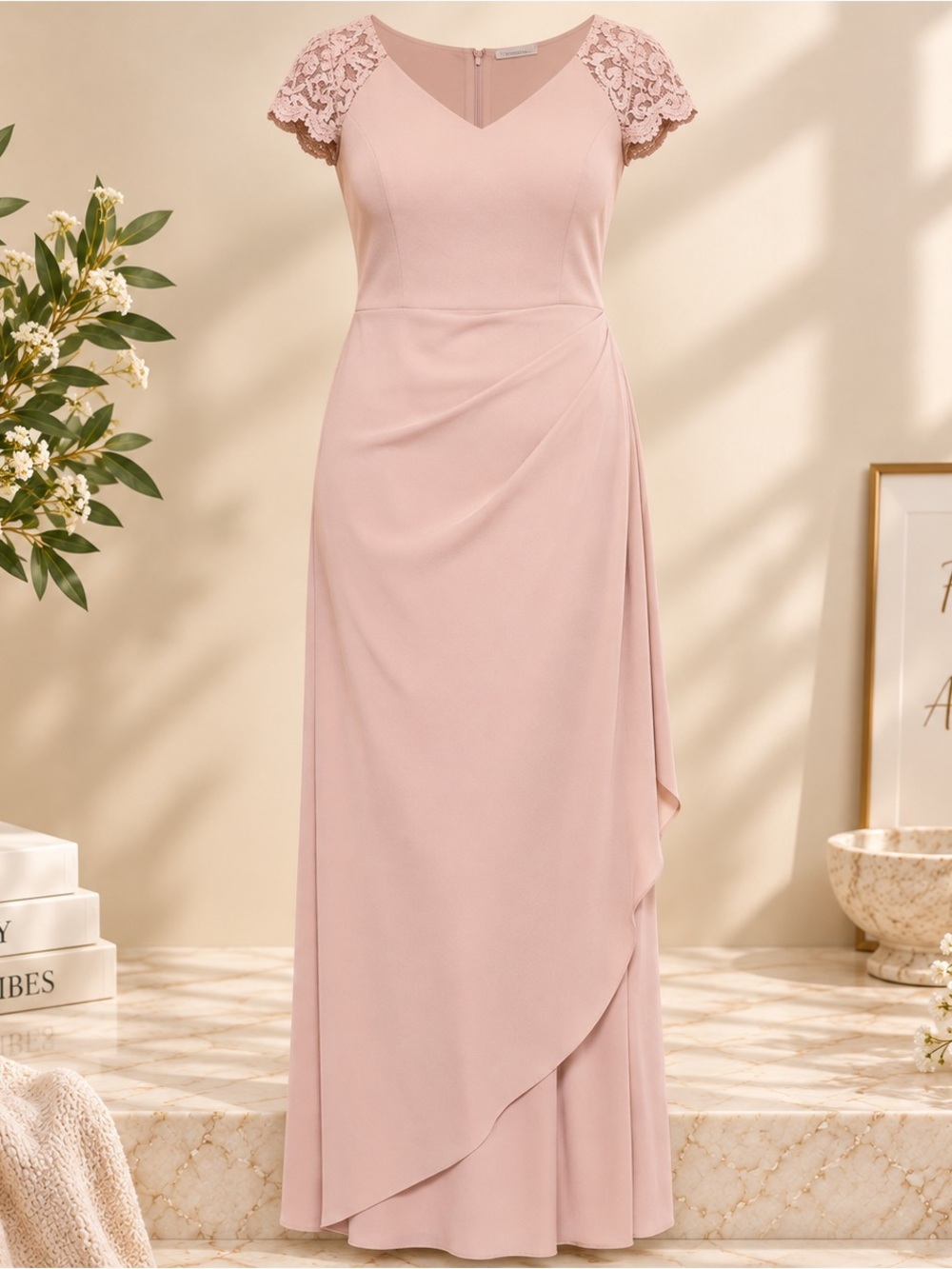 Elegant Lace-Shoulder V-Neck Evening Dress in Blush size 22 NWT